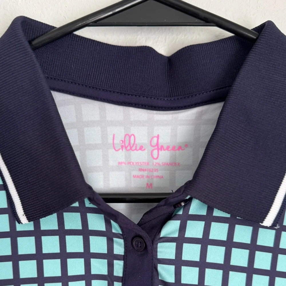 Lillie Green Women's Sleeveless Golf Polo Shirt - Navy‎ Aqua Grid Pattern - Picture 3 of 7